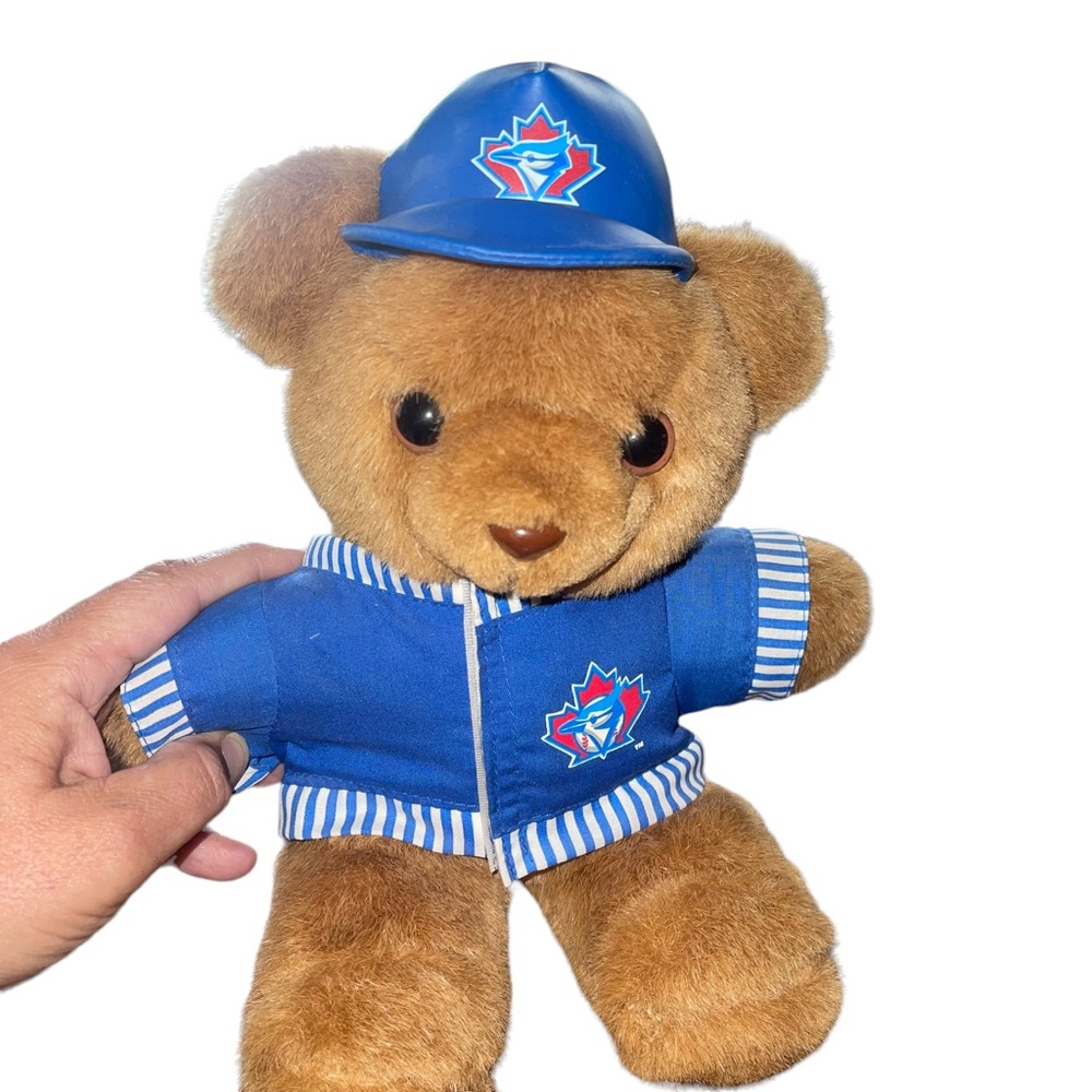 Vintage MLB Toronto Blue Jays 1999 13" Teddy Bear w/ Leather Cap RARE HTF.